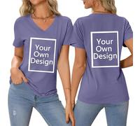 Purple Personalised T Shirts for Women Design Your Own T Shirt Summer Tops Front and Back Printed Tshirts Customised Tshirt with Any Text and Photo Short Sleeve V Neck Tunic Top