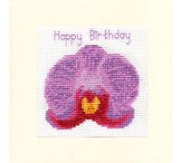 Purple Phalaenopsis Orchid Flower, Happy Birthday Card - 16 Count Cross Stitch Kit 5.5" x 5.5"