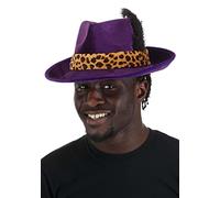 Purple Pimp Costume Hat Luxurious Faux Suede with Cheetah Print Band and Feather - One Size Fits Most