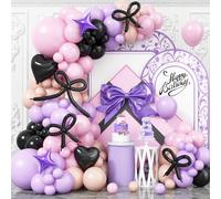 Purple Pink Balloons Arch Kit with Black Bow Balloons, Pastel Purple Pink and Black Balloon Arch with black Heart Foil Balloon for Girls Birthday Party Baby Shower Wedding Decorations