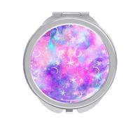 Purple Pink Galaxy Space Stars and Crescent Moons Folding Make Up Mirror, Compact 2X/1X Magnification Mirror, Women Portable Travel Makeup Mirror 2.4 x 2.4 inch
