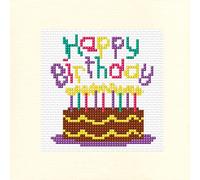 Purple + Pink, Happy Birthday Cake Design - 14 Count Cross Stitch Cards Kits 5.5" x 5.5" (Ivory Linen Card, Purple + Pink)
