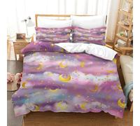 Purple Pink Star Moon Sun Pattern Bedding Set for Kids Boys Girls Full Size 3Pcs Ultra Soft Microfiber Comforter Set with Zipper Closure Breathable Quilt Set Room Decor Super King（260x220cm）