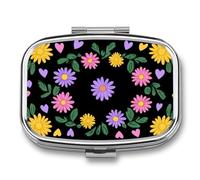 Purple Pink Yellow Daisy Flowers on Black Pill Box 2 Compartment Portable Medicine Pill Case Travel Pill Organizer for Pocket Purse