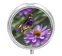 Purple Plum Butterfly Metal Pill Organizer, 3 Compartment Waterproof Pill Case with Mirror for Purse Pocket Bag, Daily Medicine Vitamin Holder, Portable Travel Med Container(Round)