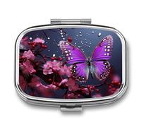 Purple Plum Butterfly Pill Case for Travel, Rectangle Metal Pill Organizer with 2 Compartments, Portable Daily Medicine Box for Purse, Wallet