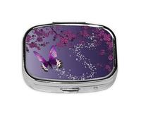 Purple Plum Butterfly Print Pill Box 2 Compartment Medicine Pill Case,Portable for Pocket Or Purse Pill Box Decorative Metal Medicine Organizer