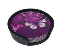 Purple Plum Butterfly Round Leather Coasters (6 Pieces) - Drink Coaster Set For Desk, Modern Easy To Clean Home Office & Farmhouse Coasters