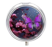 Purple Plum Butterfly Travel Pill Box Case 3 Compartment Cute Pill Organizer Metal Pill Holder with Mirror Small Medicine Organizer Daily Pill Container for Purse Pocket Portable Meds Box