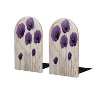 Purple Poppy Art Print Wood Bookends for Shelves, Heavy Duty Wood Book Holder with Non-Slip Base, Decorative Book Organizer for Office Home Library Study Room Bedroom