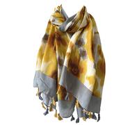 Purple Possum® Abstract Floral Pattern Scarf in Yellow and Grey with Tassel Trim Womens Lightweight Shawl