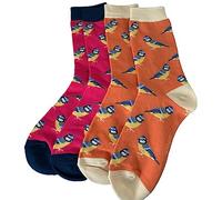 Purple Possum® Bird Socks Ladies Blue Tit Birds Bamboo Cotton Blend Shoe Size 3-7 Womens Novelty Socks (2 Pack Pink and Orange)