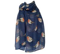 Purple Possum® Blue Robin Print scarf, Ladies Navy birds wrap, Large Bird Shawl, Red Robins