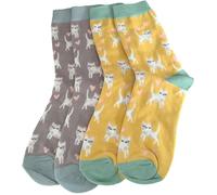 Purple Possum® Cat Socks Ladies Soft Bamboo Cotton Blend Cats Print Cute Kitty shoe size 4 to 7 (2 Pair Pack Grey and Yellow)