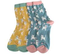 Purple Possum® Cat Socks Ladies Soft Bamboo Cotton Blend Cats Print Cute Kitty shoe size 4 to 7 (Cotton Blend, 2 Pair Pack Blue and Yellow)