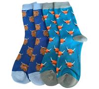 Purple Possum® Highland Cow Socks Hairy Coo Cows Cattle 2 Pair Pack Ladies Turquoise Blue Lilac One Size