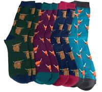 Purple Possum® Highland Cow Socks Mens Bamboo Cotton Blend Cattle Cows Gents Novelty Fun Socks in Navy blue Green Teal and Purple 4 Pair Multi Pack