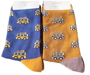 Purple Possum® Mens Socks Camper Van 2 Pair Multi Pack Blue Mustard Yellow Novelty Bamboo Cotton Size 7-11