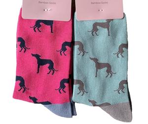 Purple Possum UK® Greyhound Socks Ladies 2 Pair Pack Greyhounds Whippet Dogs Hot Pink Duck Egg Blue Womens Bamboo Cotton Socks Size 3-7