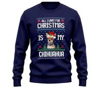 Purple Print House Adults Christmas Chihuahua Sweatshirt All I Want Is My Canine Mens Womens Sweater Unisex, S, Navy
