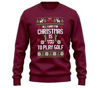 Purple Print House All I Want For Christmas is To Play Golf Sweatshirt Mens Funny Golfing Jumper Xmas Fairisle Sweater, S, Maroon