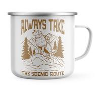 Purple Print House Always Take The Scenic Route Enamel Mug - Mountain Scene Design Metal Tea Coffee Cup for Hikers and Dog Owners - Hiking Accessory - Funny Outdoor Lover Gift