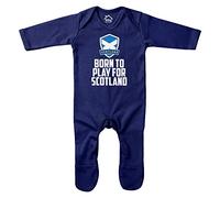 Purple Print House Baby Born to Play for Scotland Baby Romper Suit Football Rugby Badge Scottish Supporter Boys Girls, Navy, 3-6 Months