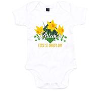 Purple Print House Baby Daffodil First St David's Day Custom Babygrow - Personalised St David's Day Gifts for Baby - Welsh Baby Cwtch, White, 0-3 Months
