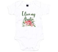 Purple Print House Baby Girls I Love My Auntie Floral Babygrow - Auntie Birthday Gift Idea for Her - Present Christmas Aunty, White, 0-3 Months