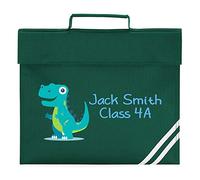 Purple Print House Boys Blue Dinosaur Personalised Book Bag - School Back to School Bags for School Boy - T rex Dinosaur School Books, Bottle Green