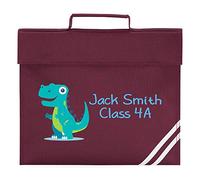 Purple Print House Boys Blue Dinosaur Personalised Book Bag - School Back to School Bags for School Boy - T rex Dinosaur School Books, Burgundy