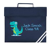 Purple Print House Boys Blue Dinosaur Personalised Book Bag - School Back to School Bags for School Boy - T rex Dinosaur School Books, French Navy