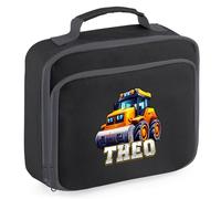 Purple Print House Boys Custom Construction Vehicle Lunch Bag Personalised Name Road Roller Kids Lunchbox Back to School Nursery Infant Gift, 24cm x 20cm x 8cm, Black