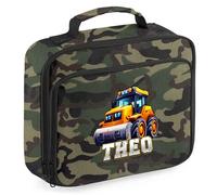 Purple Print House Boys Custom Construction Vehicle Lunch Bag Personalised Name Road Roller Kids Lunchbox Back to School Nursery Infant Gift, 24cm x 20cm x 8cm, Camo