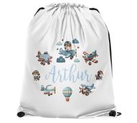 Purple Print House Boys Personalised Aviation Drawstring Bag Kids Custom Name Planes Design PE Sports Bag Infants Back to School Gift