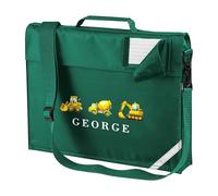 Purple Print House Boys Personalised Construction Book Bag with Strap Kids Custom Name Digger Design for Primary Infant Back to School Gift, One Size, Bottle Green