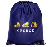 Purple Print House Boys Personalised Construction Drawstring Bag Kids Digger Design Sports Bag for PE Kit Infants Back to School Gift, One Size, Navy