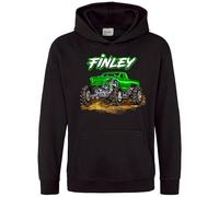 Purple Print House Boys Personalised Monster Truck Hoodie Kids Custom Motorsport Hooded Sweatshirt, 12-13 Years, Black