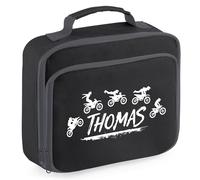Purple Print House Boys Personalised Motocross Lunch Bag - Custom Name Dirt Bike Jump Lunchbox - Off Road Motorbike Design - Back to School Nursery Gift, 24cm x 20cm x 8cm, Black