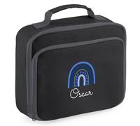 Purple Print House Boys Personalised Rainbow Lunch Bag with Blue Design Custom Name Back to School Nursery Lunchbox for Kids Infants, 24cm x 20cm x 8cm, Black