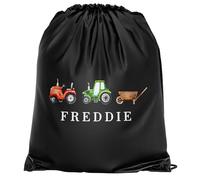 Purple Print House Boys Personalised Tractors Drawstring Bag Custom Name Farm Design PE Sports Bag for Kids Infants Back to School Gift, One Size, Black