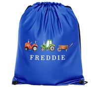 Purple Print House Boys Personalised Tractors Drawstring Bag Custom Name Farm Design PE Sports Bag for Kids Infants Back to School Gift, One Size, Royal