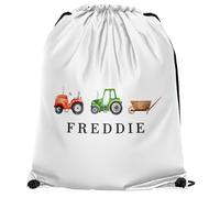 Purple Print House Boys Personalised Tractors Drawstring Bag Custom Name Farm Design PE Sports Bag for Kids Infants Back to School Gift, One Size, White