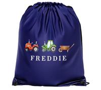 Purple Print House Boys Personalised Tractors Drawstring Bag Custom Name Farm Design PE Sports Bag for Kids Infants Back to School Gift, One Size, Navy