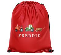 Purple Print House Boys Personalised Tractors Drawstring Bag Custom Name Farm Design PE Sports Bag for Kids Infants Back to School Gift, One Size, Red