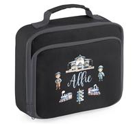 Purple Print House Boys Personalised Trains Lunch Bag Custom Name Steam Train Back to School Nursery Lunchbox for Kids New Term Infant Gift, 24cm x 20cm x 8cm, Black