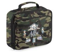 Purple Print House Boys Personalised Trains Lunch Bag Custom Name Steam Train Back to School Nursery Lunchbox for Kids New Term Infant Gift, 24cm x 20cm x 8cm, Camo