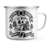 Purple Print House Camp More, Worry Less Enamel Mug, Camping Gifts for Men, Dads Birthday Gift Idea, Metal Drinking Coffee Cup, One Size, White