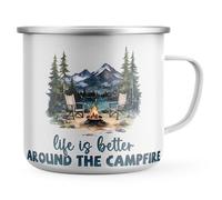 Purple Print House Campfire Enamel Mug - Life is Better Around The Campfire Metal Tea Coffee Cup for Campers Hikers Outdoor Lovers - Mountain Scene Design - Camping Trip Gift