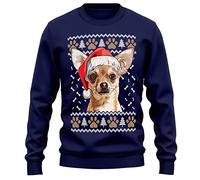 Purple Print House Chihuahua Christmas Sweatshirt Adult Xmas Jumper For Dog Owner Gifts Autumn Winter Puppy Walks Sweater For Him and Her, S, Navy